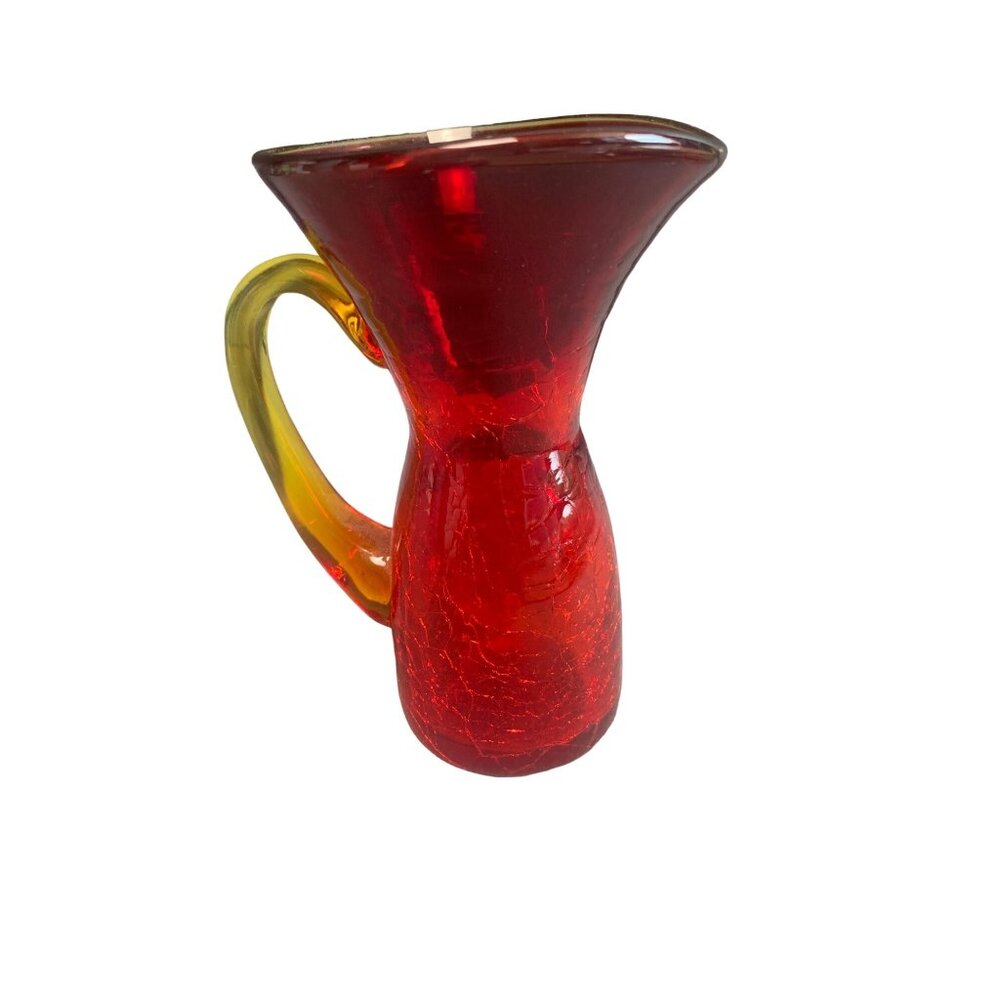 Vintage Crackle Red Glass Miniature Pitcher Vase with Yellow Handle